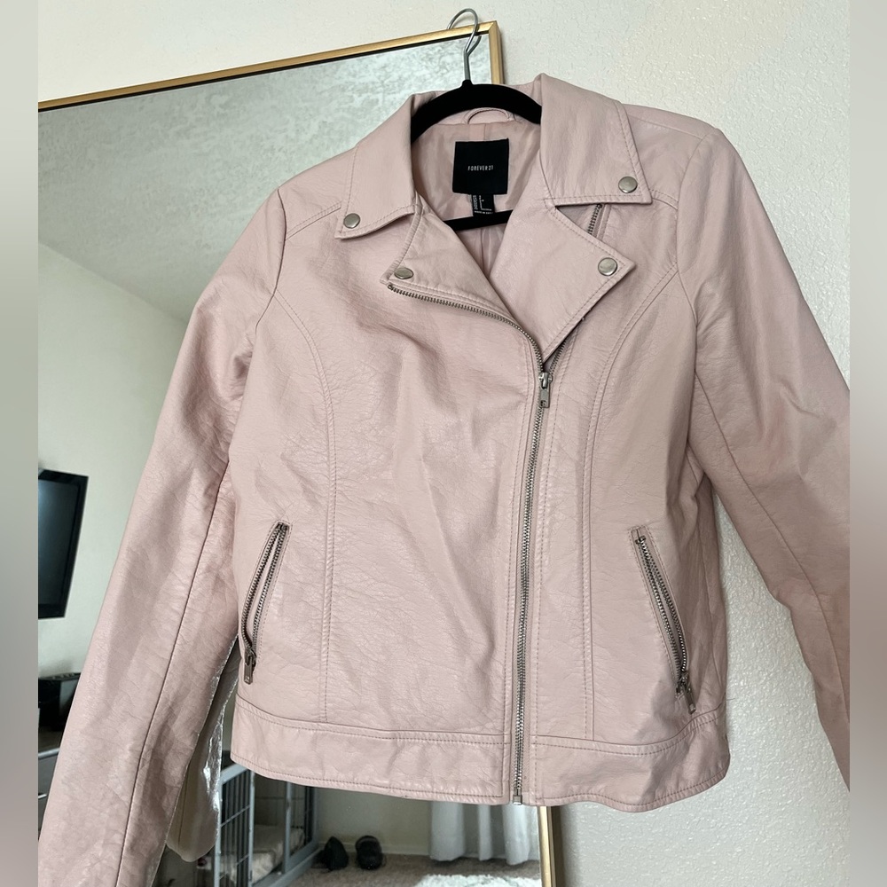 Forever 21 Faux Leather Bomber Jacket - light pink - sz small